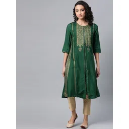 W Women Green & Golden Foil Printed A-Line Kurta-picture-33