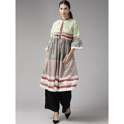 W Women Green & Maroon Striped Layered Bell Sleeves A-Line Pure Cotton Kurta-picture-38