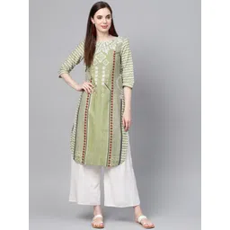 W Women Green & White Printed Straight Kurta-image-35
