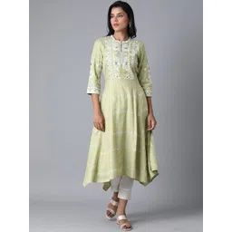 W Women Green Geometric Printed Flared Sleeves Kurta-picture-15