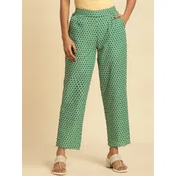 W Women Green Geometric Printed Pure Cotton Trouser-image-36