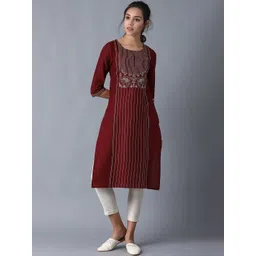W Women Maroon Striped Thread Work Straight Kurta-picture-19