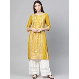 W Women Mustard Yellow & Off-White Ethnic Printed Straight Kurta-picture-27