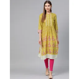 W Women Mustard Yellow & Pink Printed Straight Kurta-picture-27