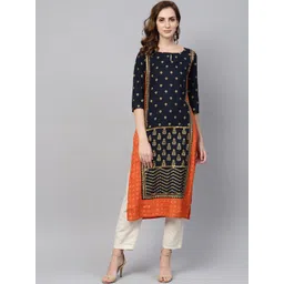 W Women Navy & Orange Printed Straight Kurta-picture-49