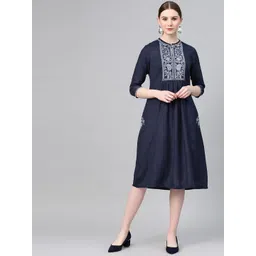 W Women Navy Blue Embroidered Detail A-Line Dress-picture-32