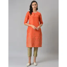 W Women Orange Geometric Print Shantung Straight Kurta-picture-34
