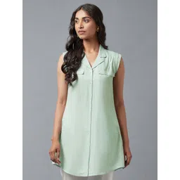 W Women Pastel Green Solid Shirt Collar Cotton Tunic-picture-28