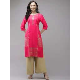 W Women Pink & Golden Geometric Printed Keyhole Neck Straight Kurta-picture-28