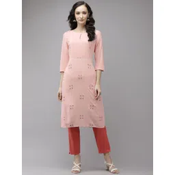 W Women Pink & Teal Blue Floral Printed Keyhole Neck Kurta-picture-20