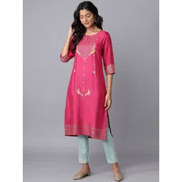 W Women Pink Ethnic Motifs Printed Keyhole Neck Kurta-picture-13