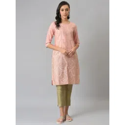 W Women Pink Festive Geometric Print Shantung Straight Kurta-picture-10