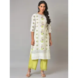 W Women White Floral Print Cotton Blend Straight Kurta image 1