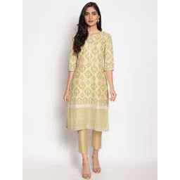 W Women Yellow & Beige Ethnic Motifs Printed Keyhole Neck Cotton Kurta-picture-23