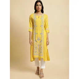 W Yellow & Pink Floral Printed Keyhole Neck A-Line Kurta-picture-15