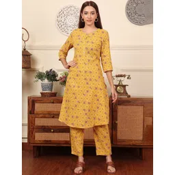 W Yellow and Pink Printed Printed Round Neck Pure Cotton Tunic With Trousers-picture-23