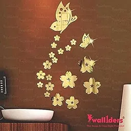 Wall1ders - 21 Butterfly Flower 3D Mirror Stickers for Wall Large Size, 3D Wall Mirror Sticker, Mirror Wall Stickers for Living Room, Hall, Bed Room & Home, Acrylic (Golden), 35 cm x 58 cm-image-0