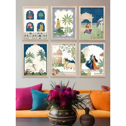 WALLLANE 6Pcs Cream-Colored & Blue Printed Wooden Wall Paintings-picture-16