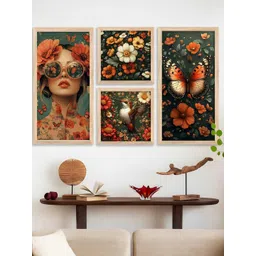 WALLLANE Brown 4 Piece Wood Floral and Botanical Wall Paintings image 1