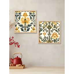 WALLLANE Brown & Yellow 2 Pieces Floral & Botanical Indian Madhubani Wooden Wall Art-picture-23