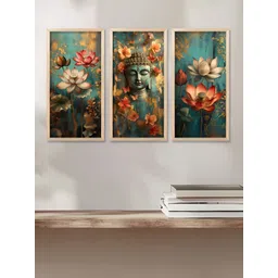WALLLANE Green & Orange 3 Piece Floral and Botanical Traditional Wooden Wall Art-picture-34