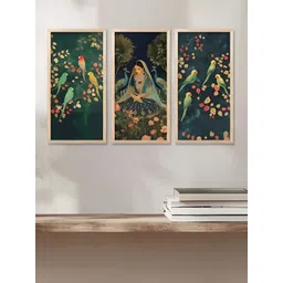 WALLLANE Green & Teal Blue 3 Pieces Floral and Botanical Wooden Wall Paintings-picture-12