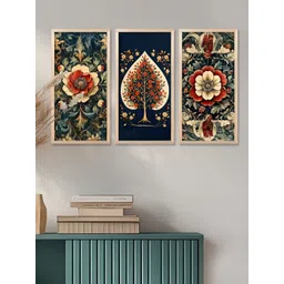 WALLLANE Navy Blue & Green 3 Pcs Floral and Botanical Traditional Printed Wooden Wall Art-picture-16