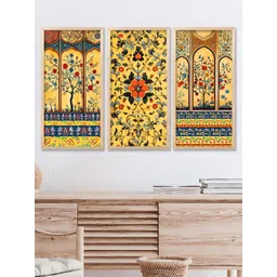 WALLLANE Yellow & Red 3 Pieces Floral and Botanical Traditional Printed Wooden Wall Art-picture-33