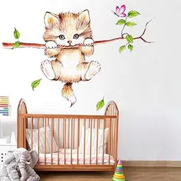 Wallpik - Cute Cat - Hanging - Branch - Cartoon - Butterfly - Nursery - Decoration - Wallsticker - WP216-picture-15