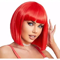 Wanna Party Red Bob Wig With Bangs | Short Blunt Cut for Women | Straight Hair for Halloween Cosplay Party-picture-56