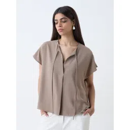 Wardrobe by Westside Beige Solid Cotton Top-picture-22