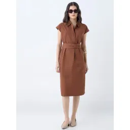 Wardrobe by Westside Tan Solid Cotton A-Line Dress with Belt-picture-36
