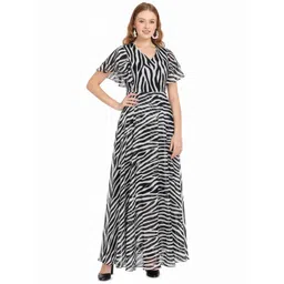 Warsian Animal Print Flutter Sleeve Georgette A-Line Maxi Dress-picture-18