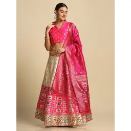Warthy Ent Pink & Cream Floral Semi-Stitched Lehenga & Unstitched Blouse With Dupatta-picture-37