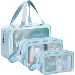 Wash Bag Pouch for Travel Kit Toiletry Bag Cosmetic Bag Make Up Box for Brushes,Accessories with Handle,Large Capacity Translucent Waterproof Travel Storage OrganizerSet of 3(Sky Blue)-picture-26