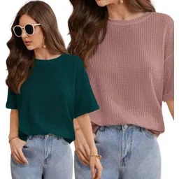 way to trendy Pack of 2 Women Solid Round Neck Cotton Blend Pink T-Shirt-picture-12