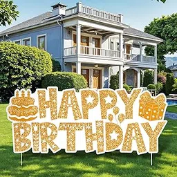 wayyogh Happy Birthday Yard Sign with Stakes, Gold Birthday Lawn Signs 37" Large-picture-29