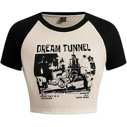 wear wild Women's Dream Tunnel Graphic Cotton Ribbed Round Neck Short Sleeve Casual Slim Fit Crop Tops-picture-43
