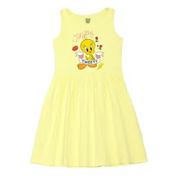 Wear Your Mind Girls Round Neck Tweety Printed Pure Cotton A-Line Dress-picture-28