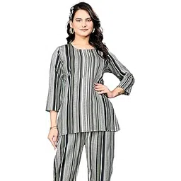 wearwa Women's Striped Co-ord Set | Crepe 2-Piece Outfit | 3/4 Sleeve Top & Pants | Green & White | Casual & Office Wear-picture-47