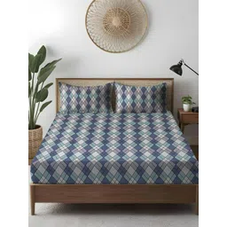 WEAVE AND DECOR Blue Argyle Pure Cotton Feel 300 TC King Fitted Bedsheet Set-1.98mx1.82m-picture-24