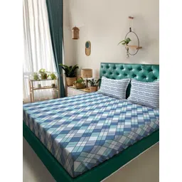 WEAVE AND DECOR Blue Checked Pure Cotton Feel 300 TC King Fitted Bedsheet Set-1.98mx1.82m-picture-22