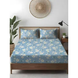 WEAVE AND DECOR Blue Floral Pure Cotton Feel 300 TC Double Queen Bedsheet Set-2.28mx2.28m-picture-11
