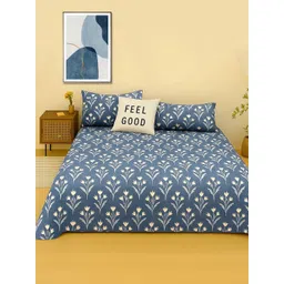 WEAVE AND DECOR Blue Floral Pure Cotton Feel 300 TC Fitted King Bedsheet Set-1.98mx1.82m-picture-27