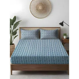 WEAVE AND DECOR Blue Leaf Pure Cotton 300 TC Fitted Super King Bedsheet Set 1.98mx1.98m-picture-20