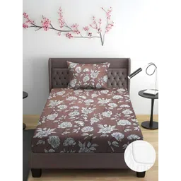 WEAVE AND DECOR Brown & Grey Floral 300 TC Single Bedsheet with 1 Pillow Covers-picture-36
