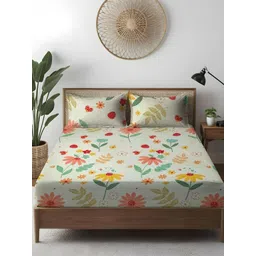 WEAVE AND DECOR Green & Orange Floral 300 TC Bedsheet with 2 Pillow Covers-picture-14