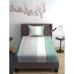 WEAVE AND DECOR Green Striped Pure Cotton 300 TC Single Bedsheet Set 2.28 m x 1.52 m-picture-30