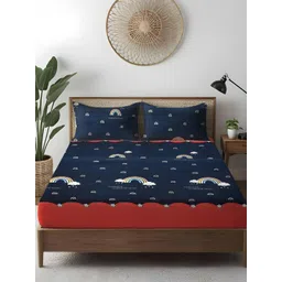 WEAVE AND DECOR Navy Blue Conversational 300 TC Bedsheet with 2 Pillow Covers-picture-31