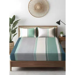 WEAVE AND DECOR Sea Green Striped Pure Cotton Feel 300 TC King Bedsheet Set-2.28mx2.28m-picture-28